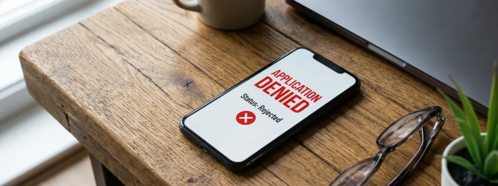 A smartphone on the desk, showing "Denied" text.