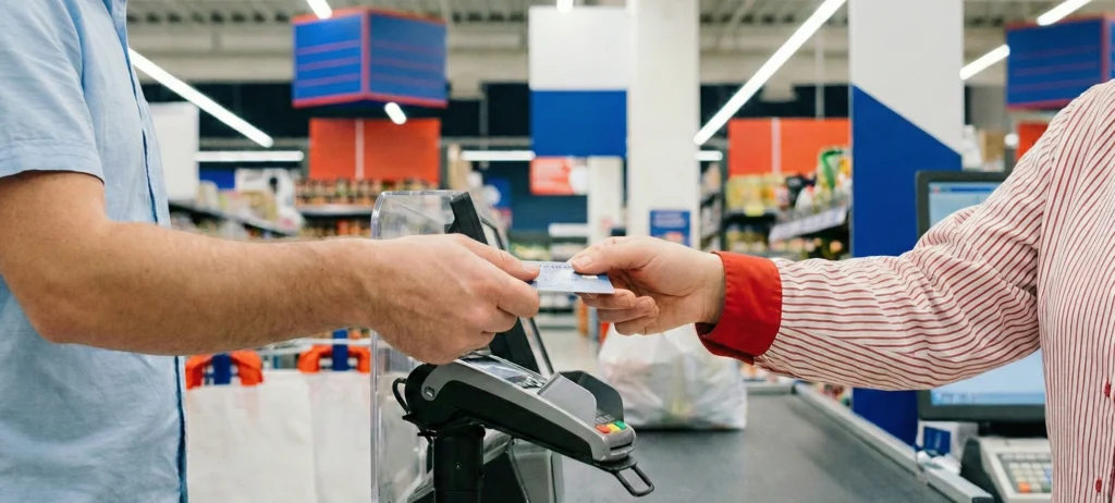 A man hands out his credit card to the cashier in a grocery store. Is this the best credit card for groceries in UAE?