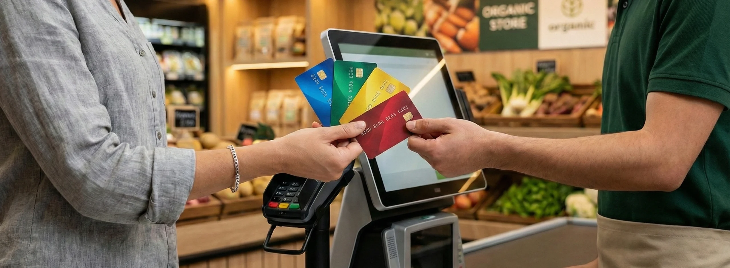A women is standing next to the cashier, holding 4 different credit cards.
